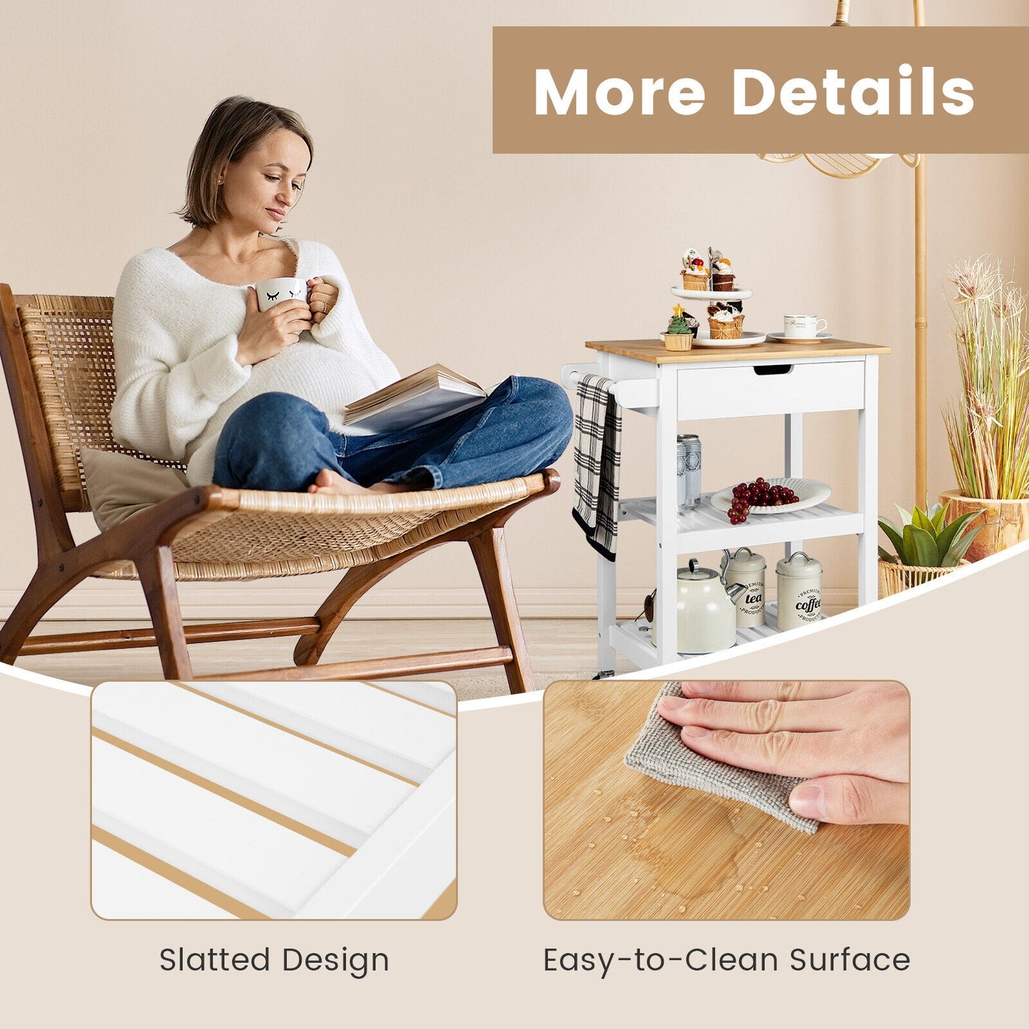 Kitchen Island Cart with Bamboo Top Storage Shelves and Drawer - White