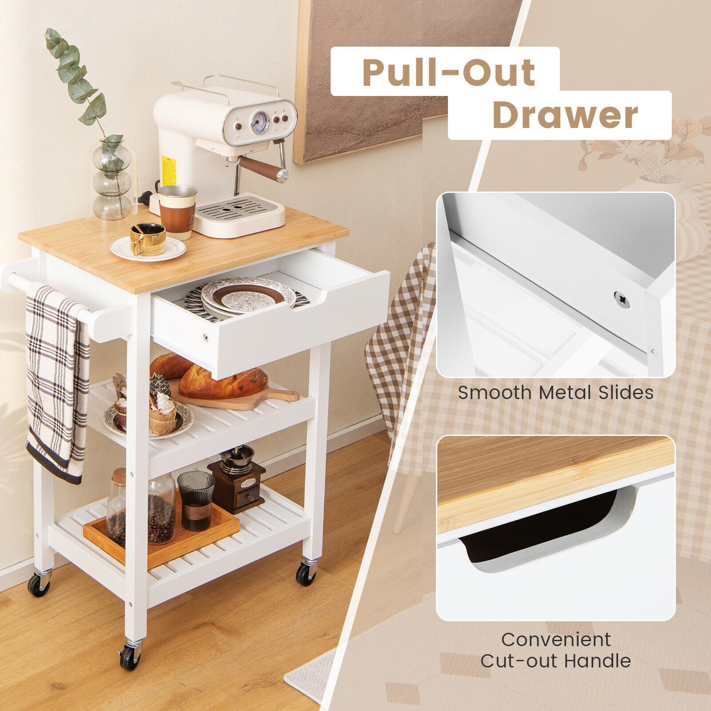 Kitchen Island Cart with Bamboo Top Storage Shelves and Drawer - White