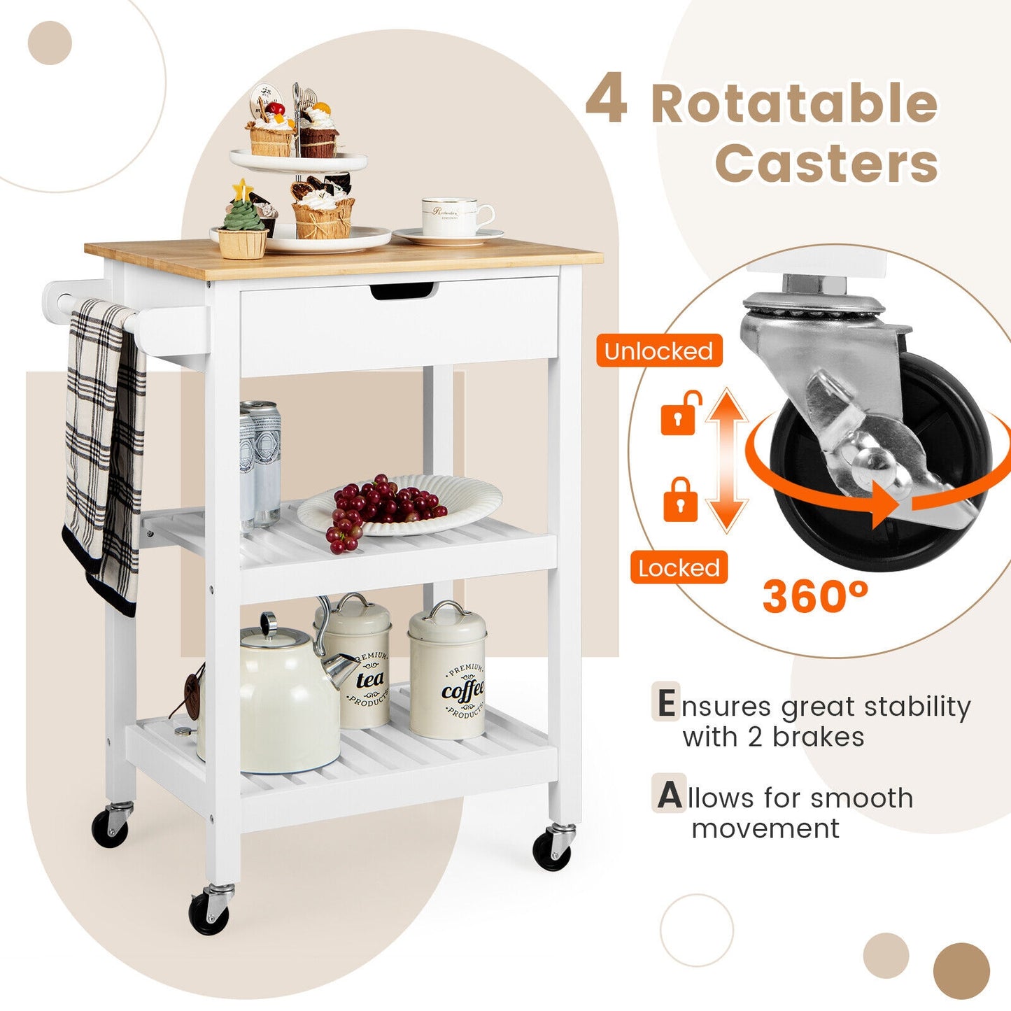Kitchen Island Cart with Bamboo Top Storage Shelves and Drawer - White
