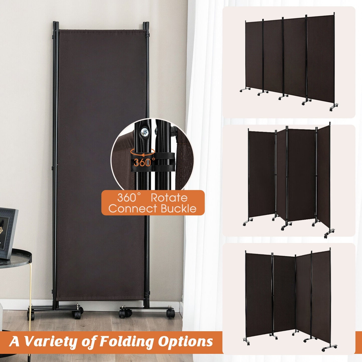 6 Foot 4-Panel Folding Room Divider with Lockable Rolling Wheels - Brown