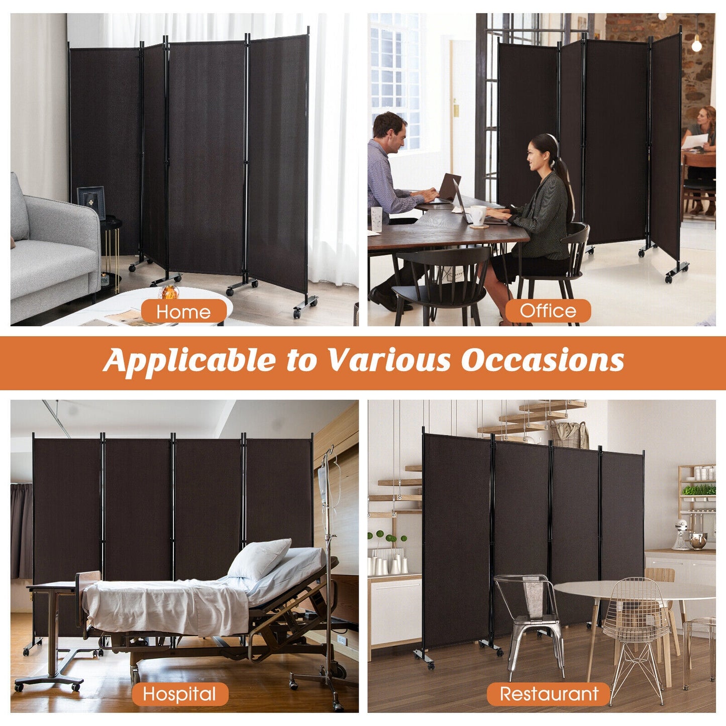 6 Foot 4-Panel Folding Room Divider with Lockable Rolling Wheels - Brown
