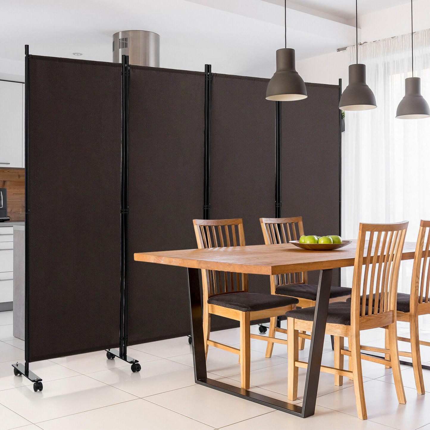 6 Foot 4-Panel Folding Room Divider with Lockable Rolling Wheels - Brown