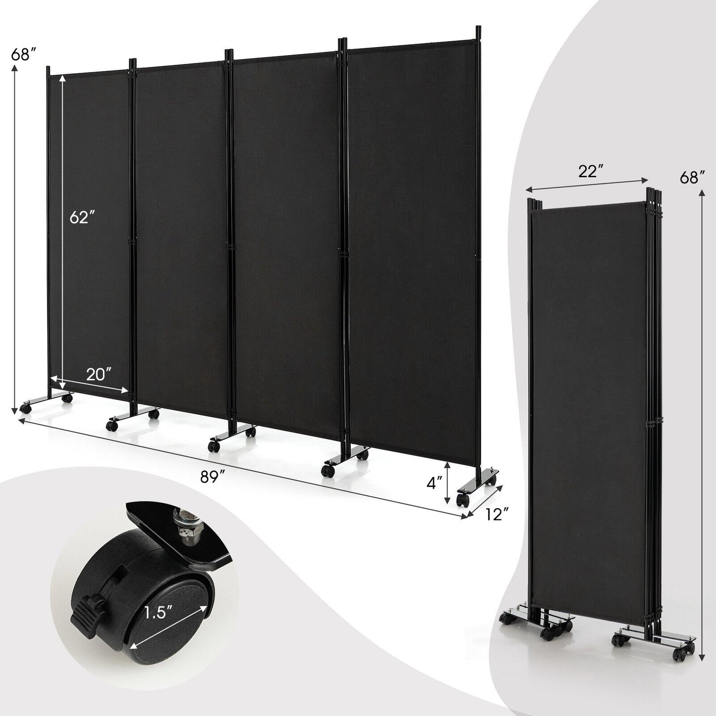 6 Foot 4-Panel Folding Room Divider with Lockable Rolling Wheels - Black