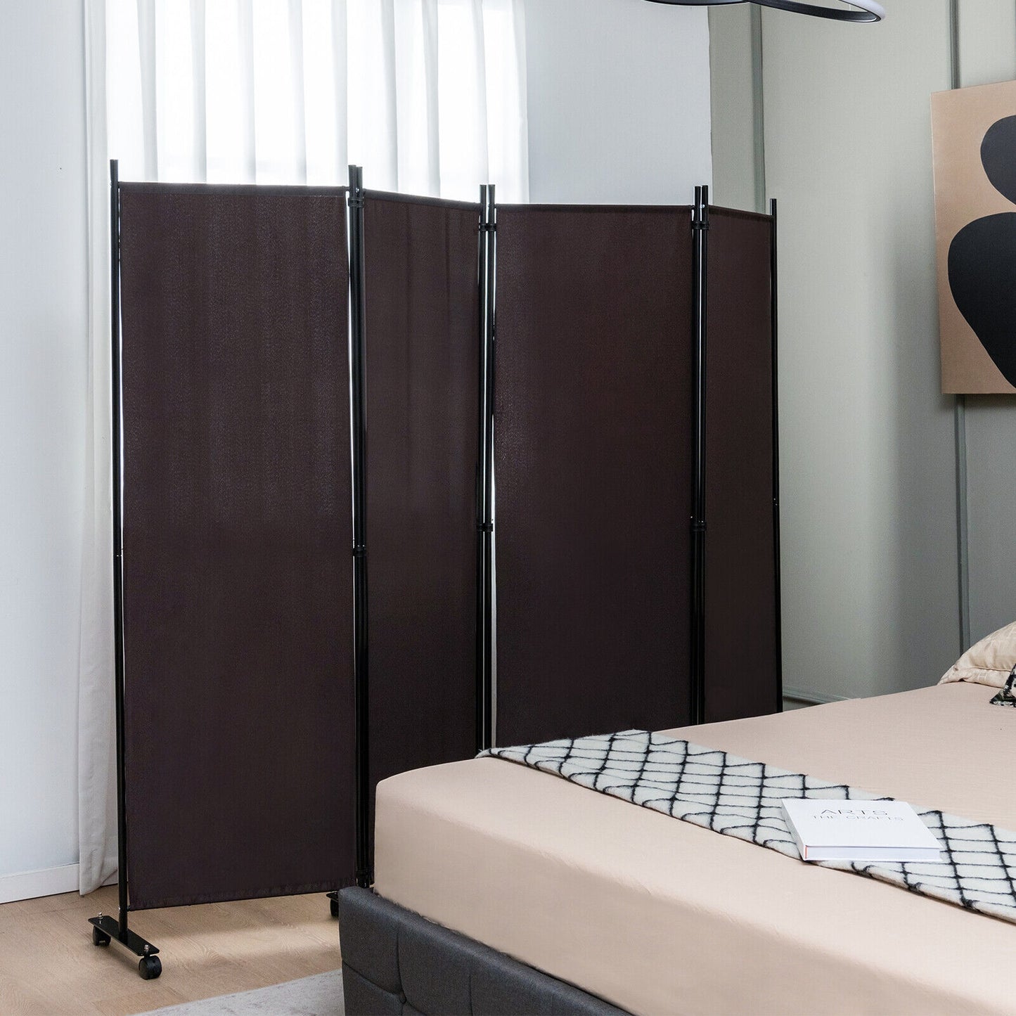 6 Foot 4-Panel Folding Room Divider with Lockable Rolling Wheels - Brown