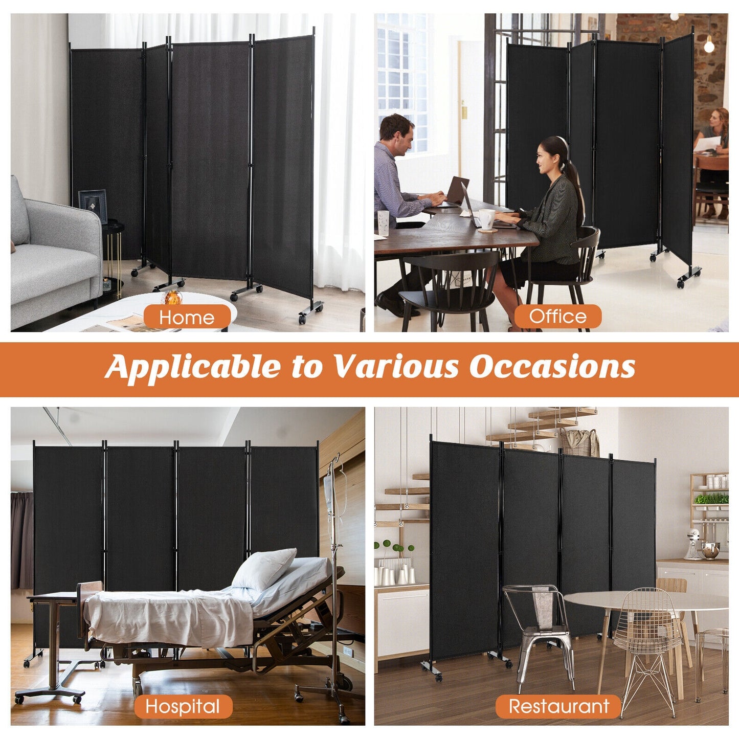 6 Foot 4-Panel Folding Room Divider with Lockable Rolling Wheels - Black