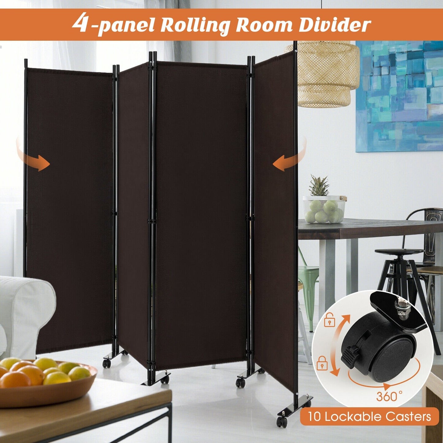 6 Foot 4-Panel Folding Room Divider with Lockable Rolling Wheels - Brown