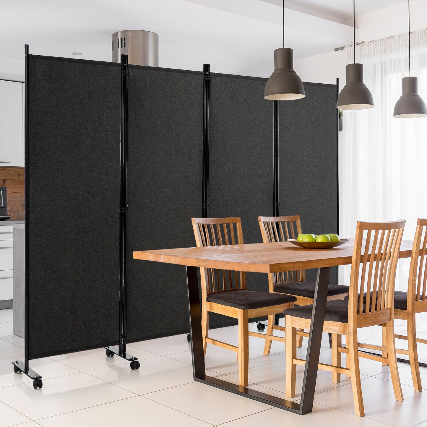6 Foot 4-Panel Folding Room Divider with Lockable Rolling Wheels - Black