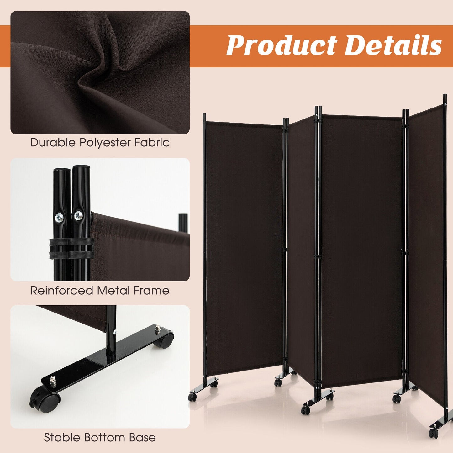 6 Foot 4-Panel Folding Room Divider with Lockable Rolling Wheels - Brown