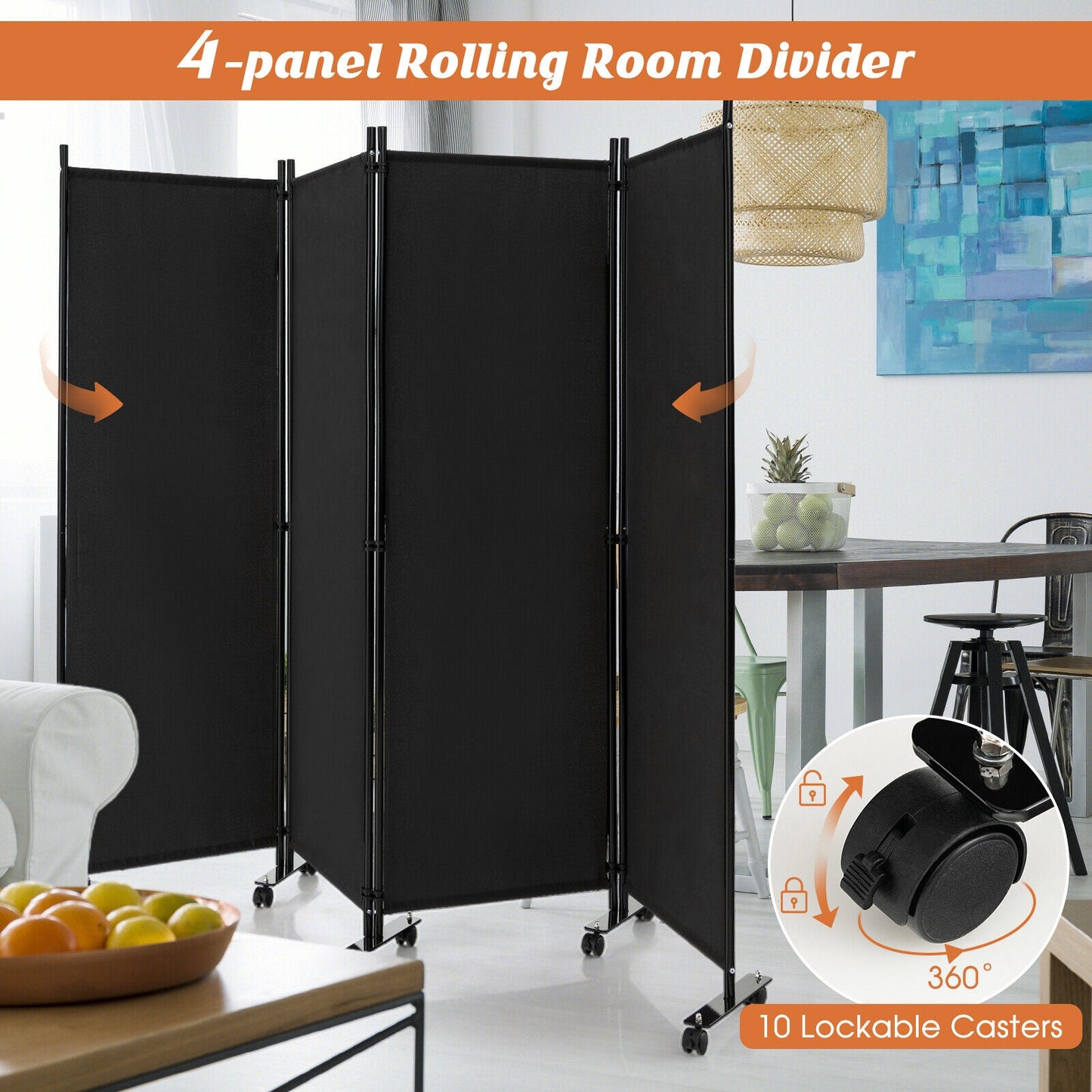 6 Foot 4-Panel Folding Room Divider with Lockable Rolling Wheels - Black