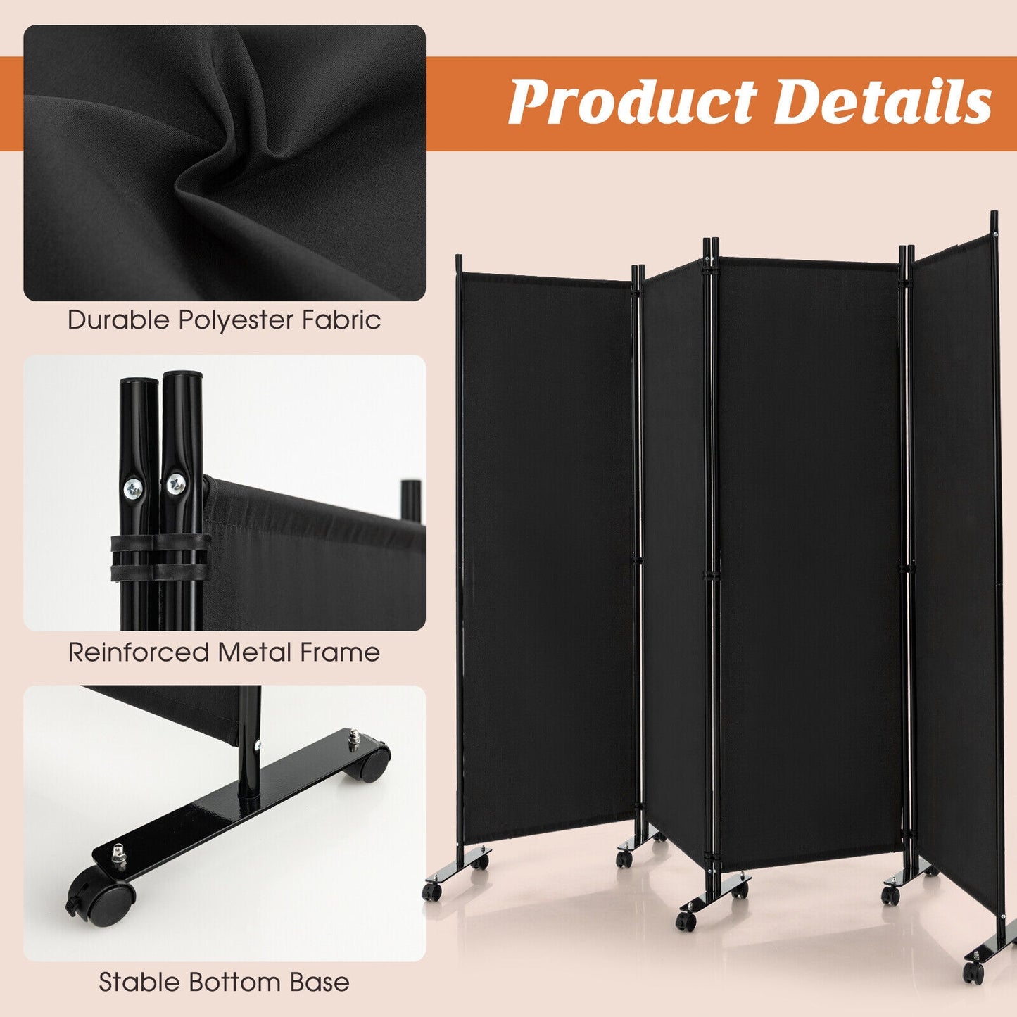 6 Foot 4-Panel Folding Room Divider with Lockable Rolling Wheels - Black