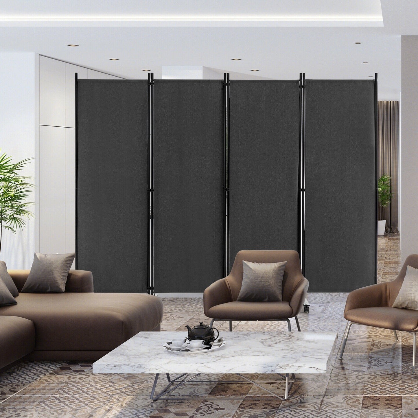 6 Foot 4-Panel Folding Room Divider with Lockable Rolling Wheels - Grey
