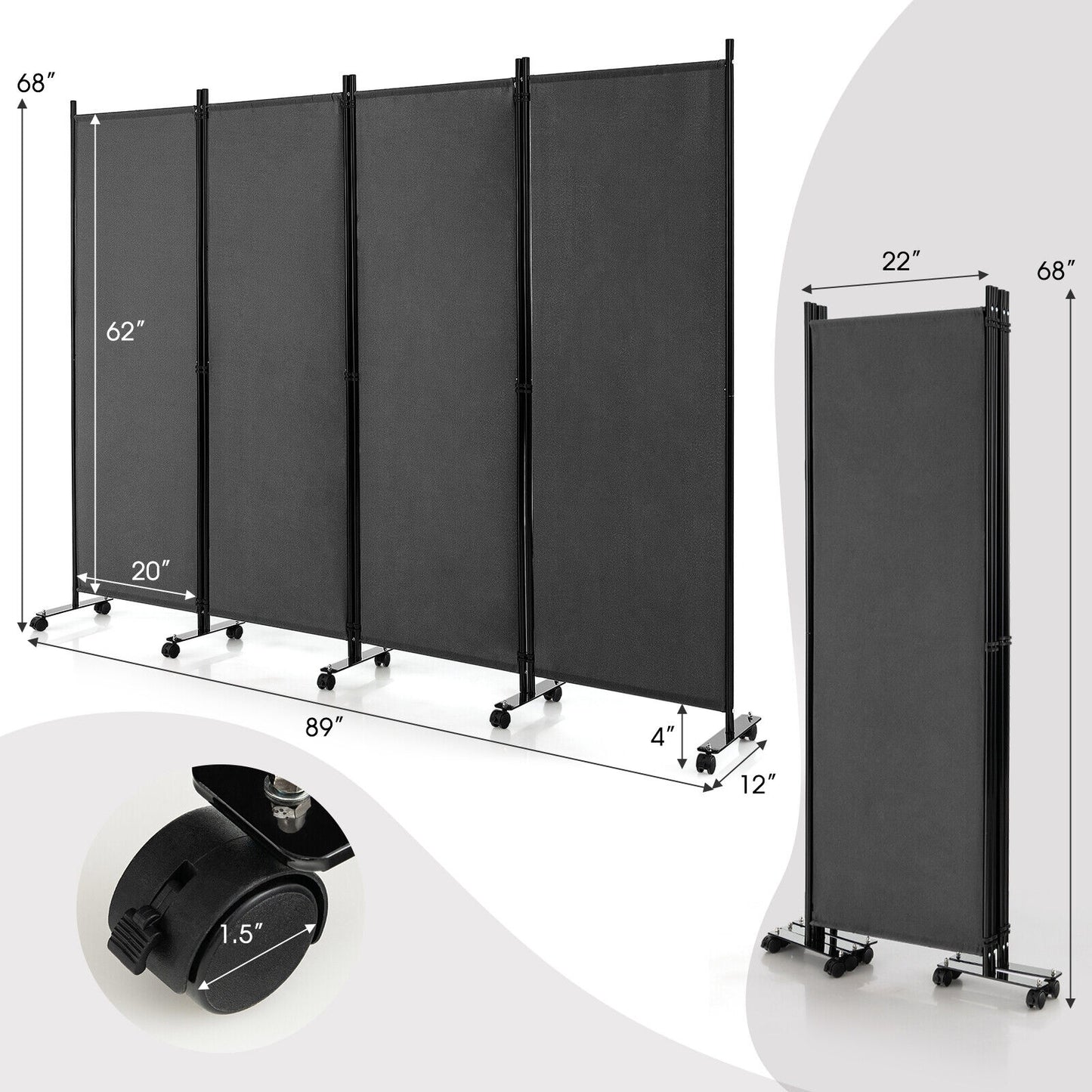 6 Foot 4-Panel Folding Room Divider with Lockable Rolling Wheels - Grey