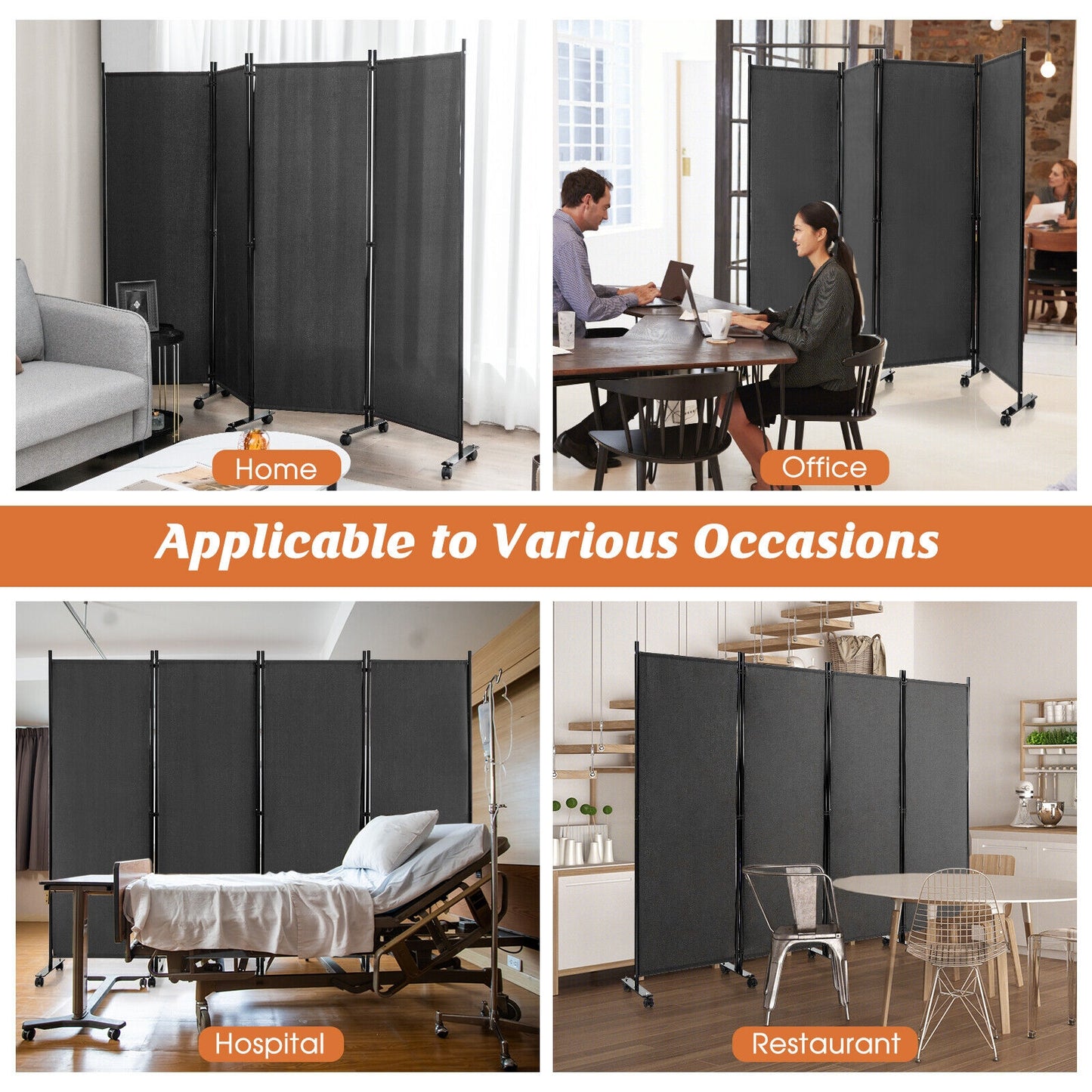 6 Foot 4-Panel Folding Room Divider with Lockable Rolling Wheels - Grey