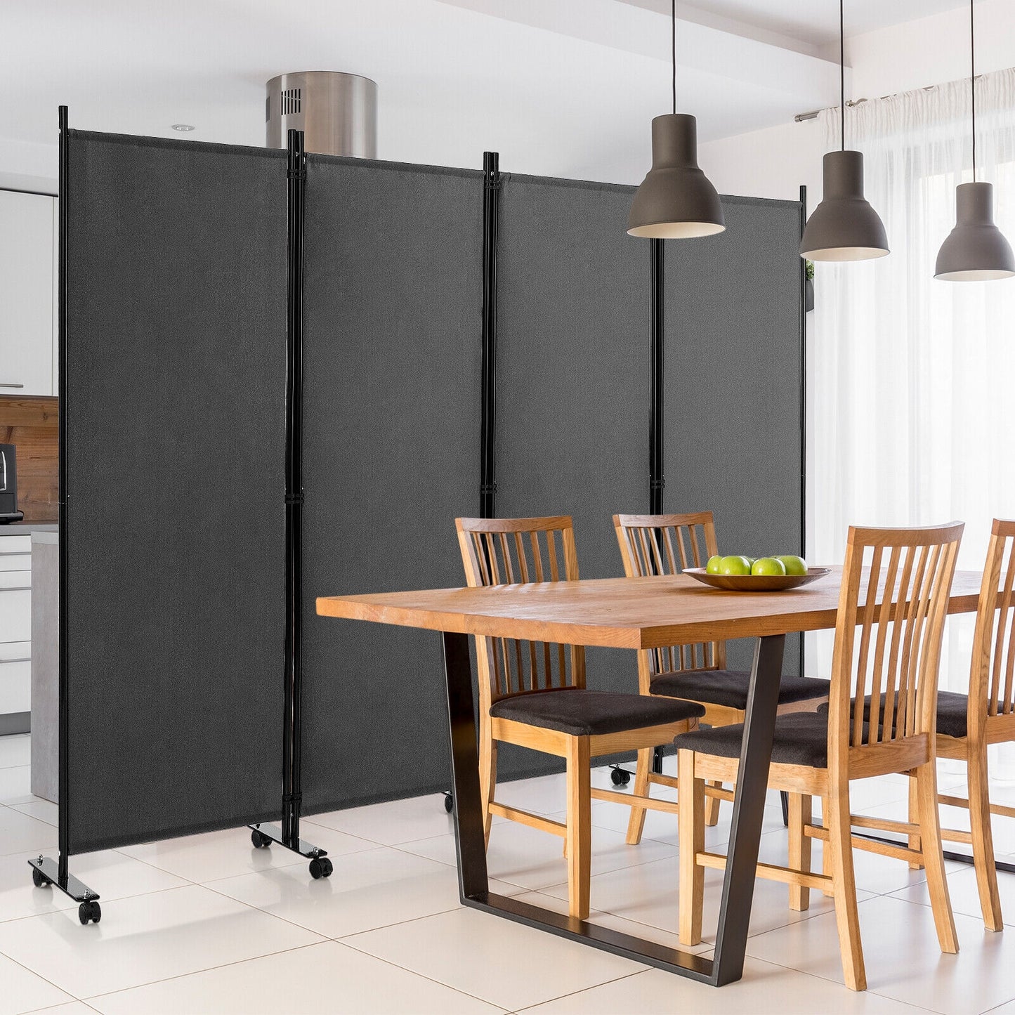 6 Foot 4-Panel Folding Room Divider with Lockable Rolling Wheels - Grey