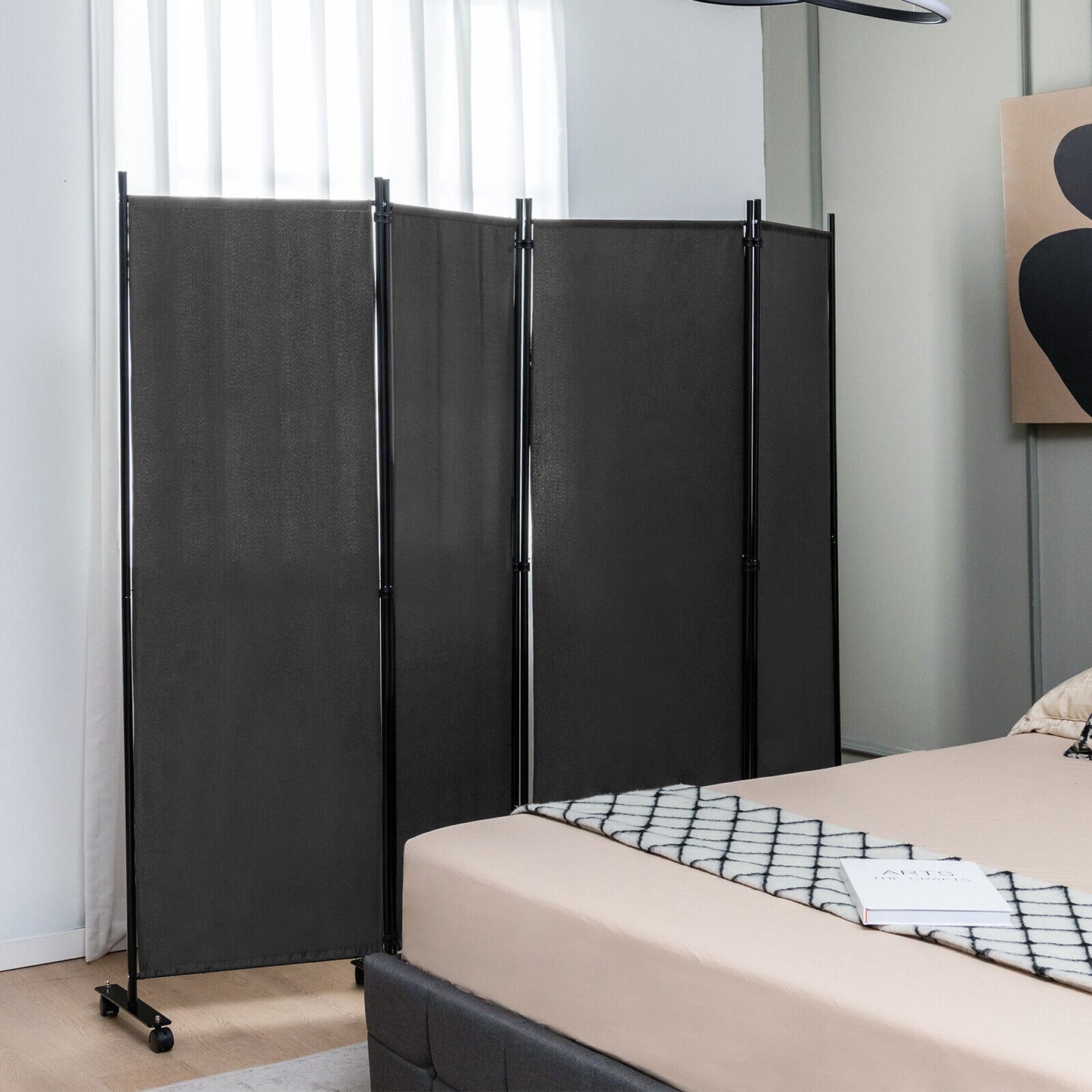 6 Foot 4-Panel Folding Room Divider with Lockable Rolling Wheels - Grey