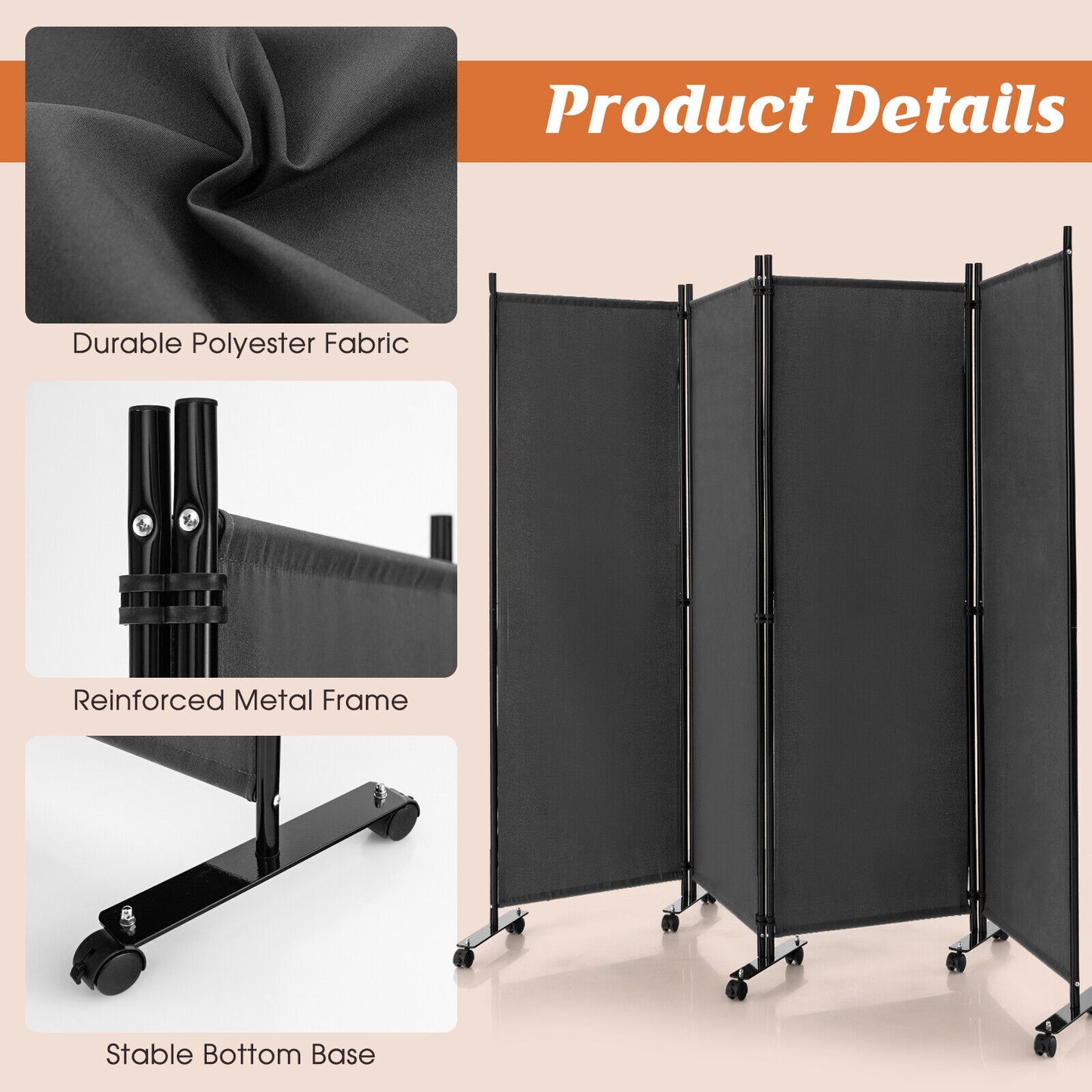 6 Foot 4-Panel Folding Room Divider with Lockable Rolling Wheels - Grey