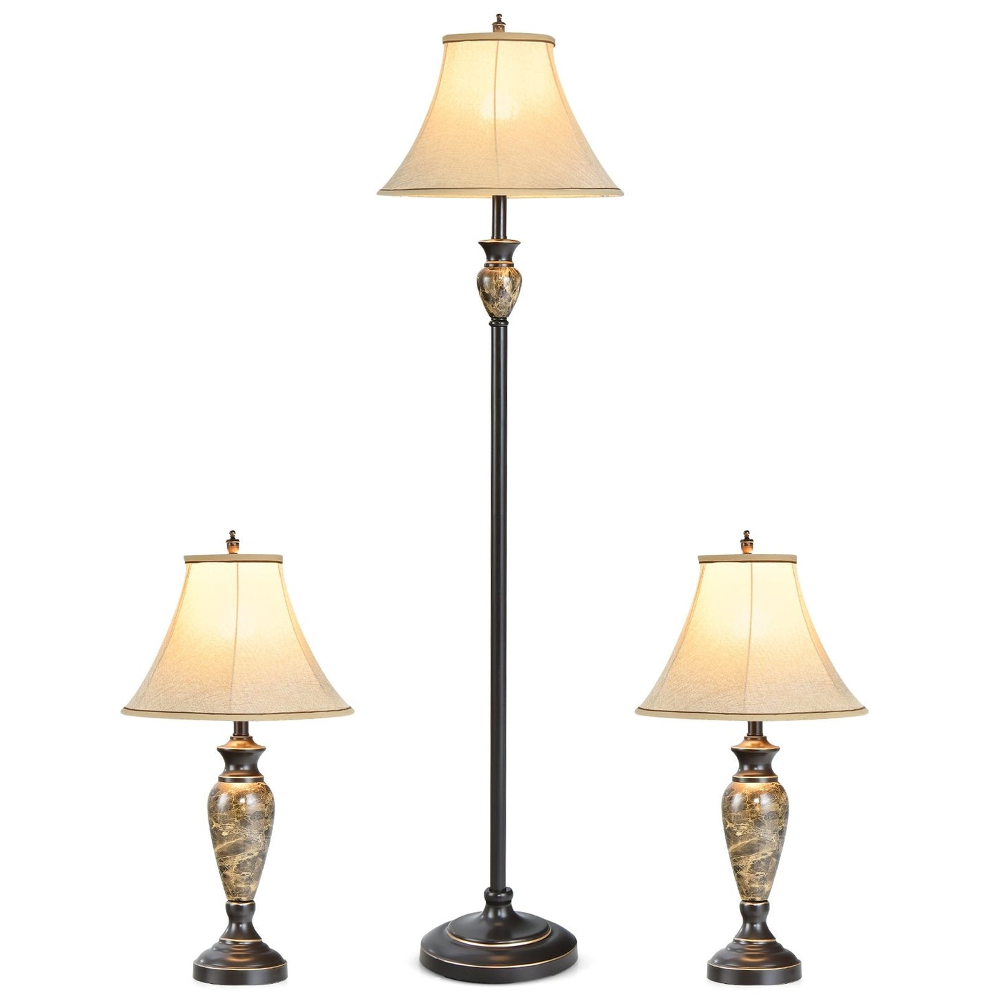 Traditional 3 Piece Lamp Set with Linen Shades – 1 Floor Lamp & 2 Table Lamps