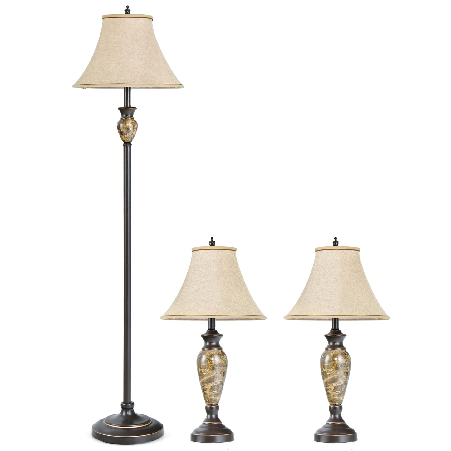 Traditional 3 Piece Lamp Set with Linen Shades – 1 Floor Lamp & 2 Table Lamps