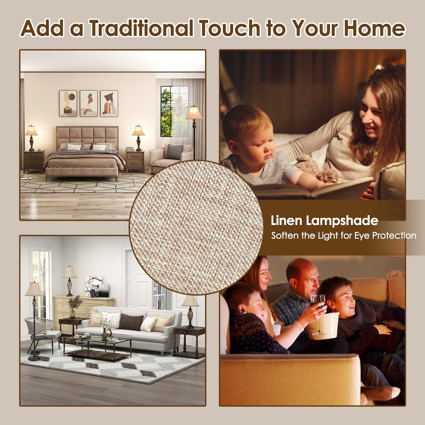 Traditional 3 Piece Lamp Set with Linen Shades – 1 Floor Lamp & 2 Table Lamps