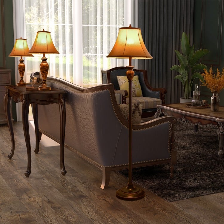 Traditional 3 Piece Lamp Set with Linen Shades – 1 Floor Lamp & 2 Table Lamps