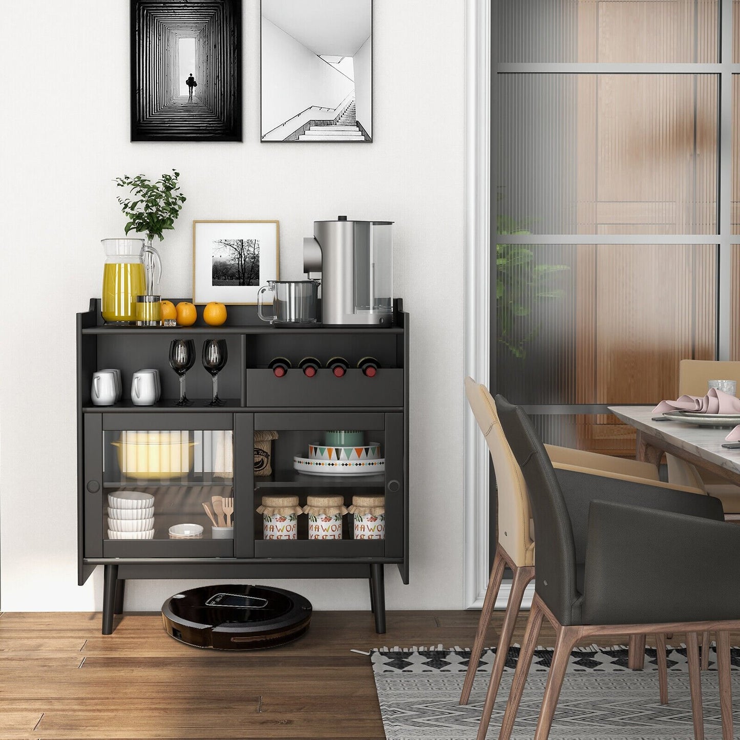 Modern Buffet Cabinet with Wine Rack Sliding Glass Doors and Adjustable Shelves
