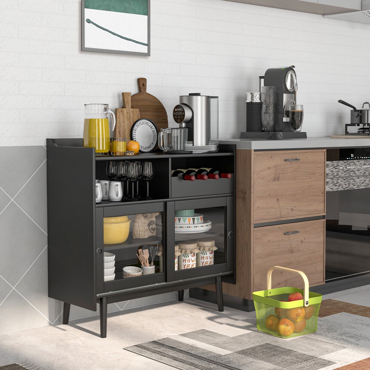 Modern Buffet Cabinet with Wine Rack Sliding Glass Doors and Adjustable Shelves