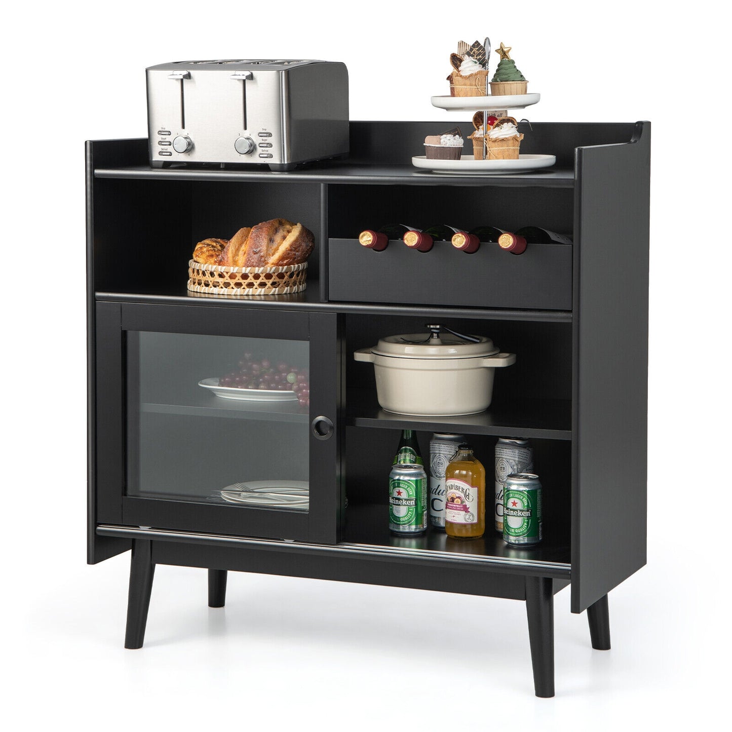 Modern Buffet Cabinet with Wine Rack Sliding Glass Doors and Adjustable Shelves