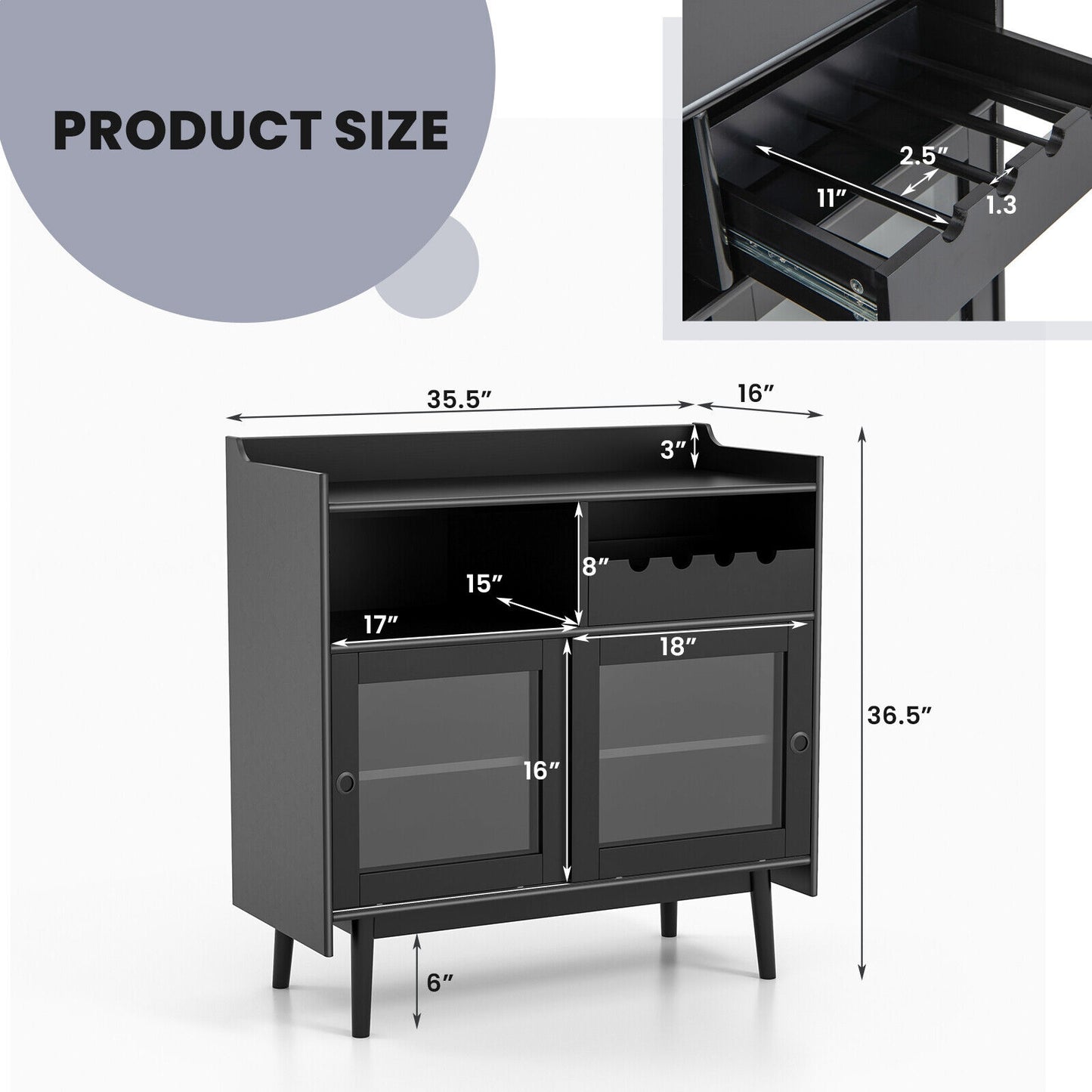 Modern Buffet Cabinet with Wine Rack Sliding Glass Doors and Adjustable Shelves