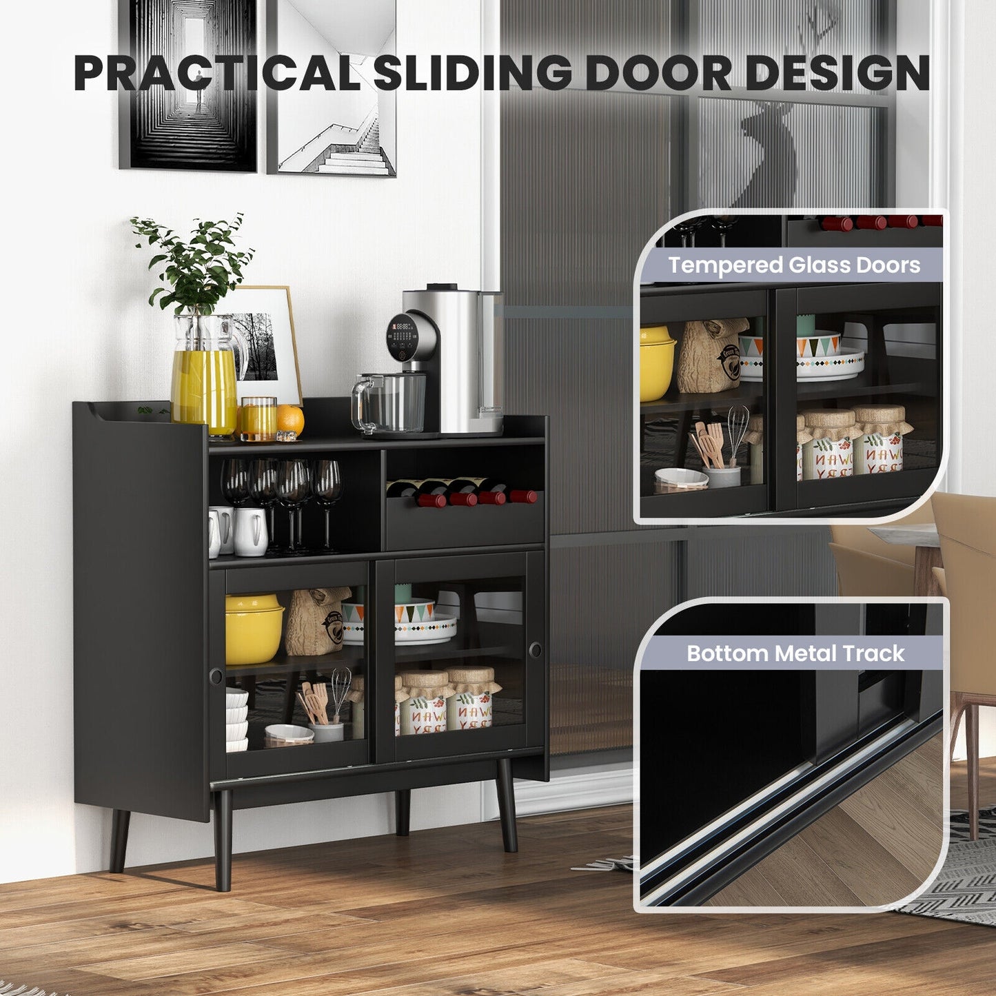 Modern Buffet Cabinet with Wine Rack Sliding Glass Doors and Adjustable Shelves