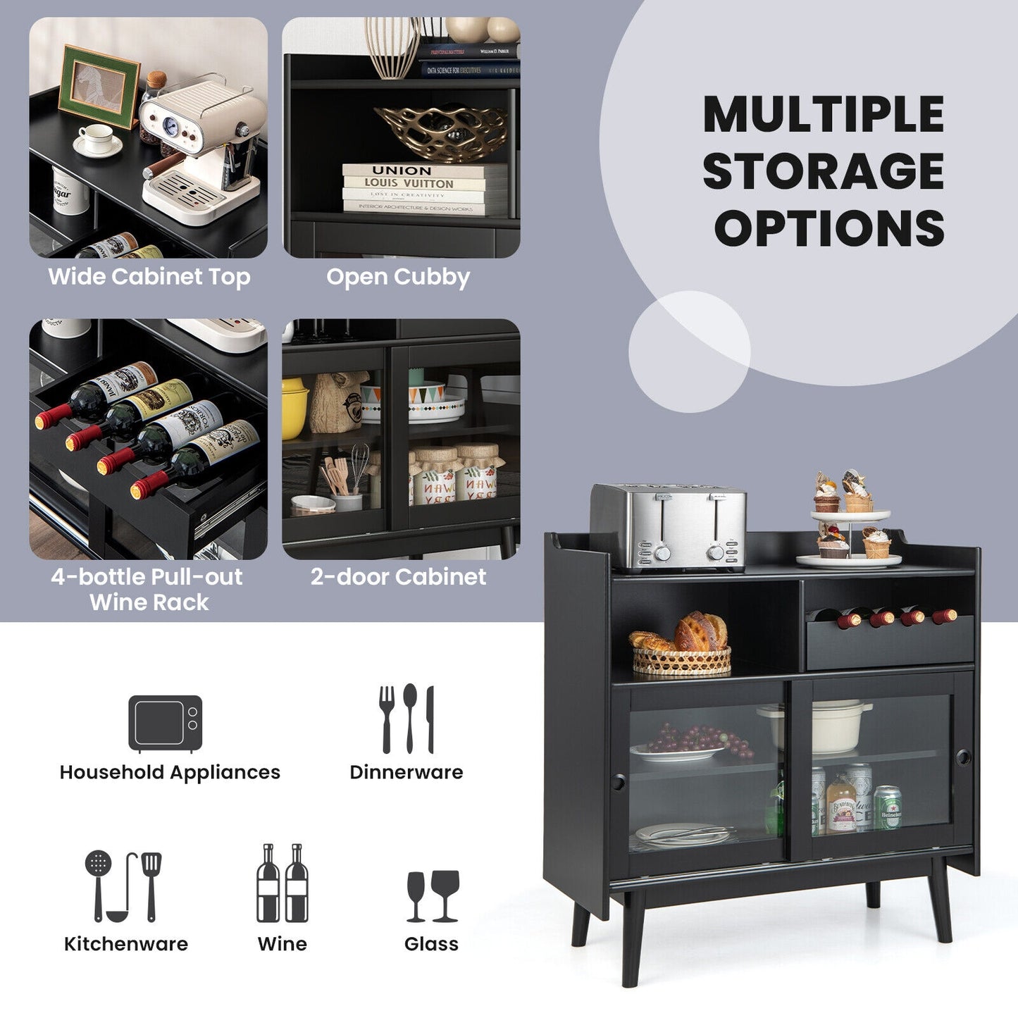 Modern Buffet Cabinet with Wine Rack Sliding Glass Doors and Adjustable Shelves