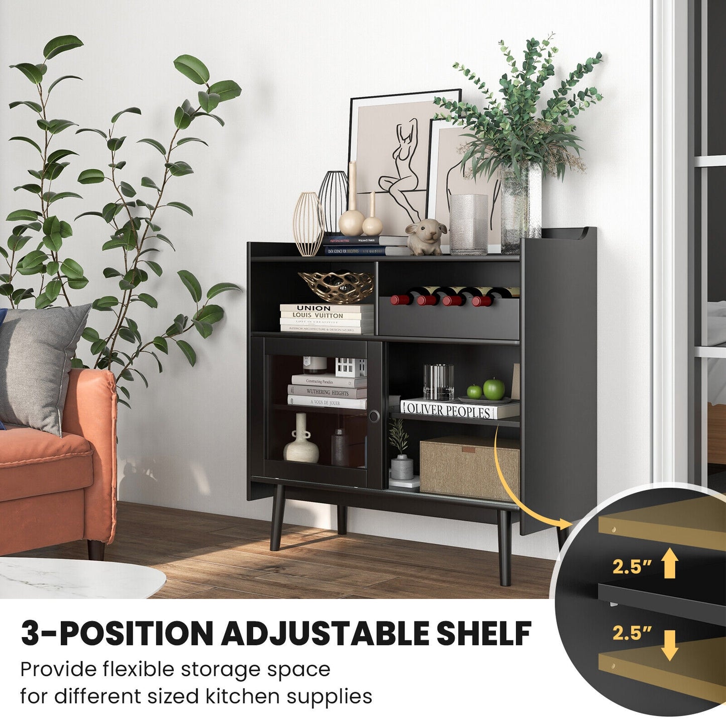 Modern Buffet Cabinet with Wine Rack Sliding Glass Doors and Adjustable Shelves