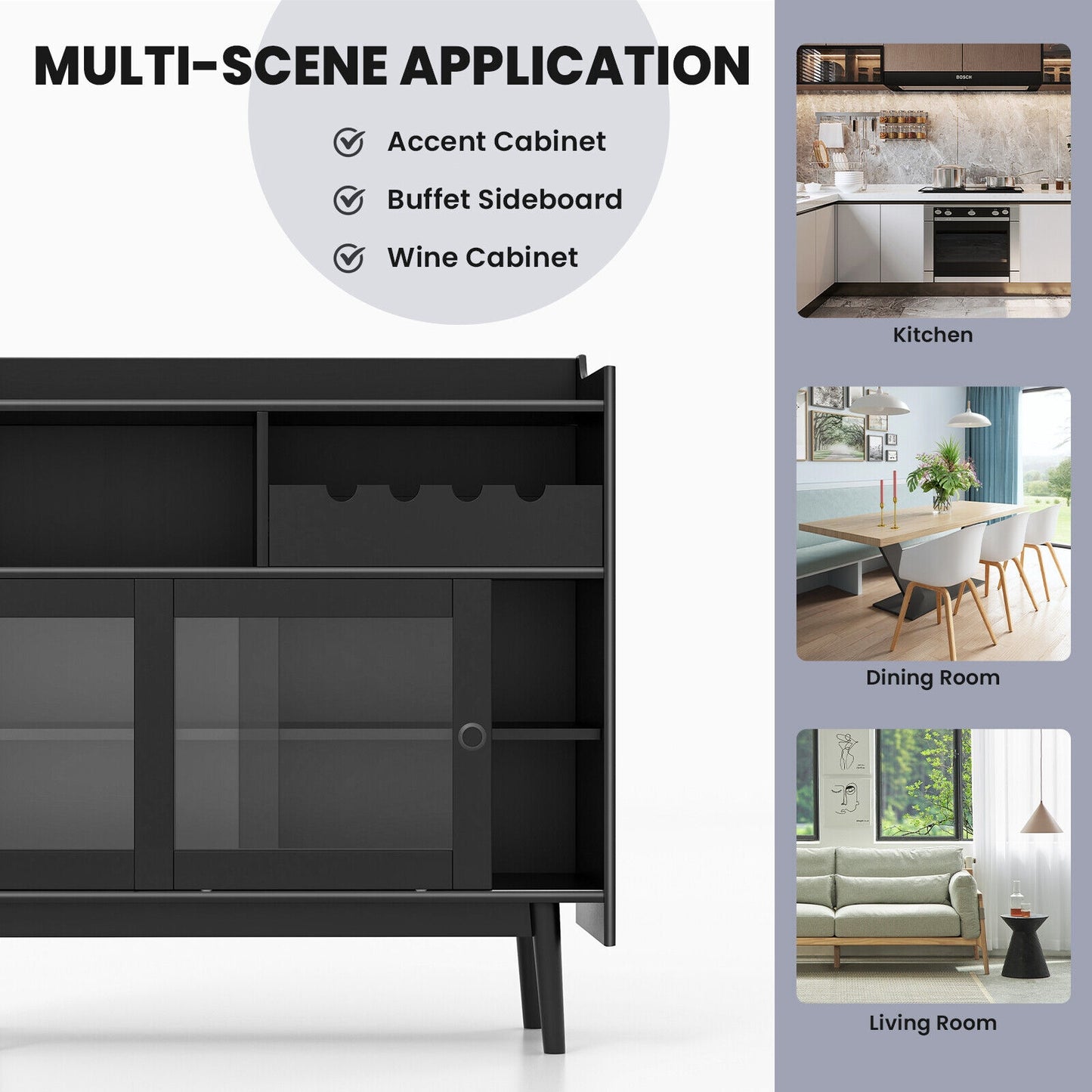 Modern Buffet Cabinet with Wine Rack Sliding Glass Doors and Adjustable Shelves