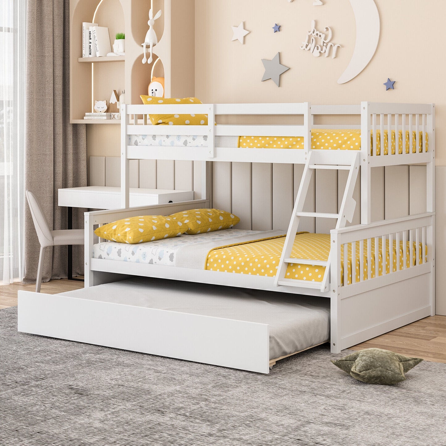 Multi-Functional Twin Over Full Bunk Bed with Pull-Out Trundle for Kids and Guests - White