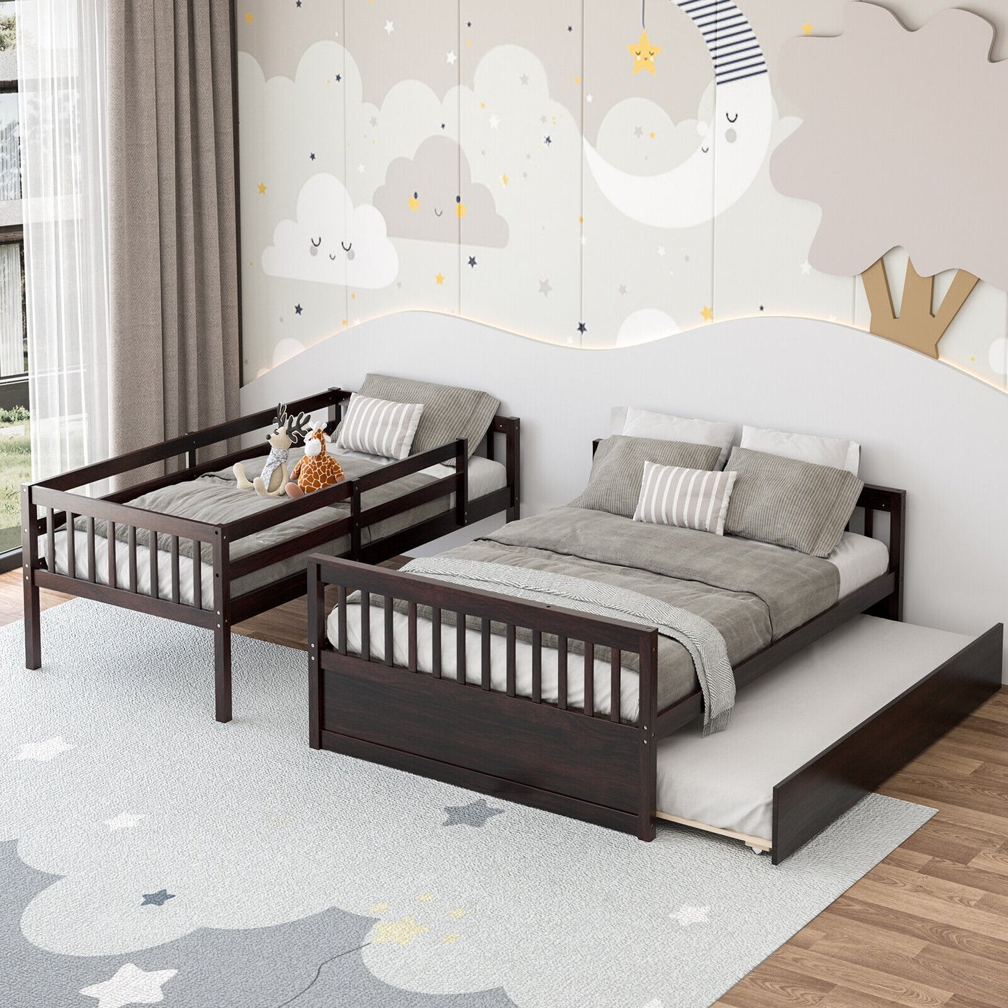 Multi-Functional Twin Over Full Bunk Bed with Pull-Out Trundle for Kids and Guests - Espresso