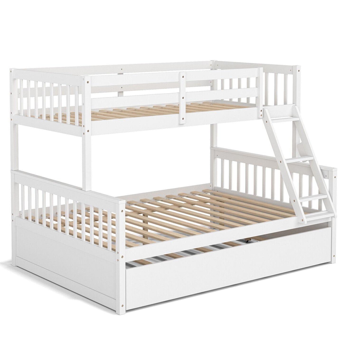 Multi-Functional Twin Over Full Bunk Bed with Pull-Out Trundle for Kids and Guests - White