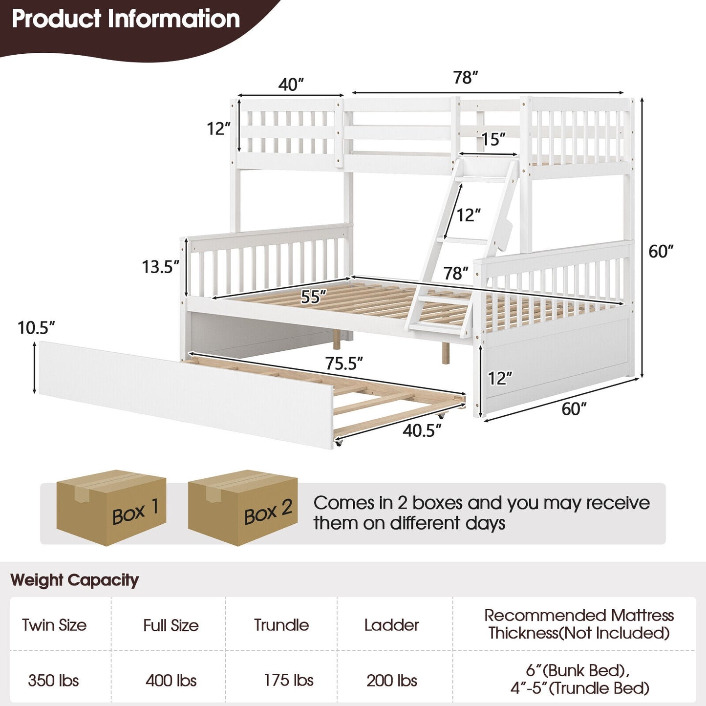 Multi-Functional Twin Over Full Bunk Bed with Pull-Out Trundle for Kids and Guests - White