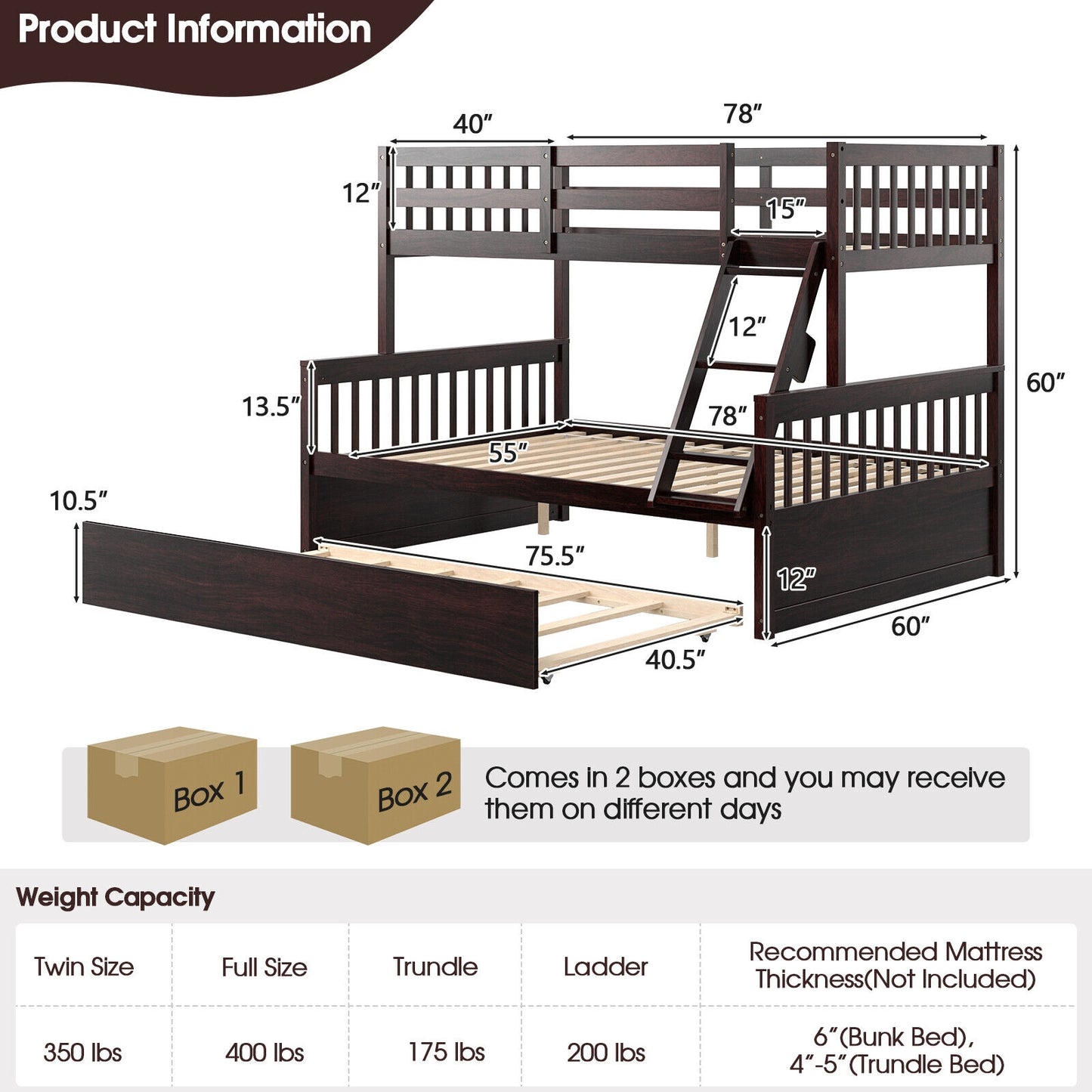 Multi-Functional Twin Over Full Bunk Bed with Pull-Out Trundle for Kids and Guests - Espresso