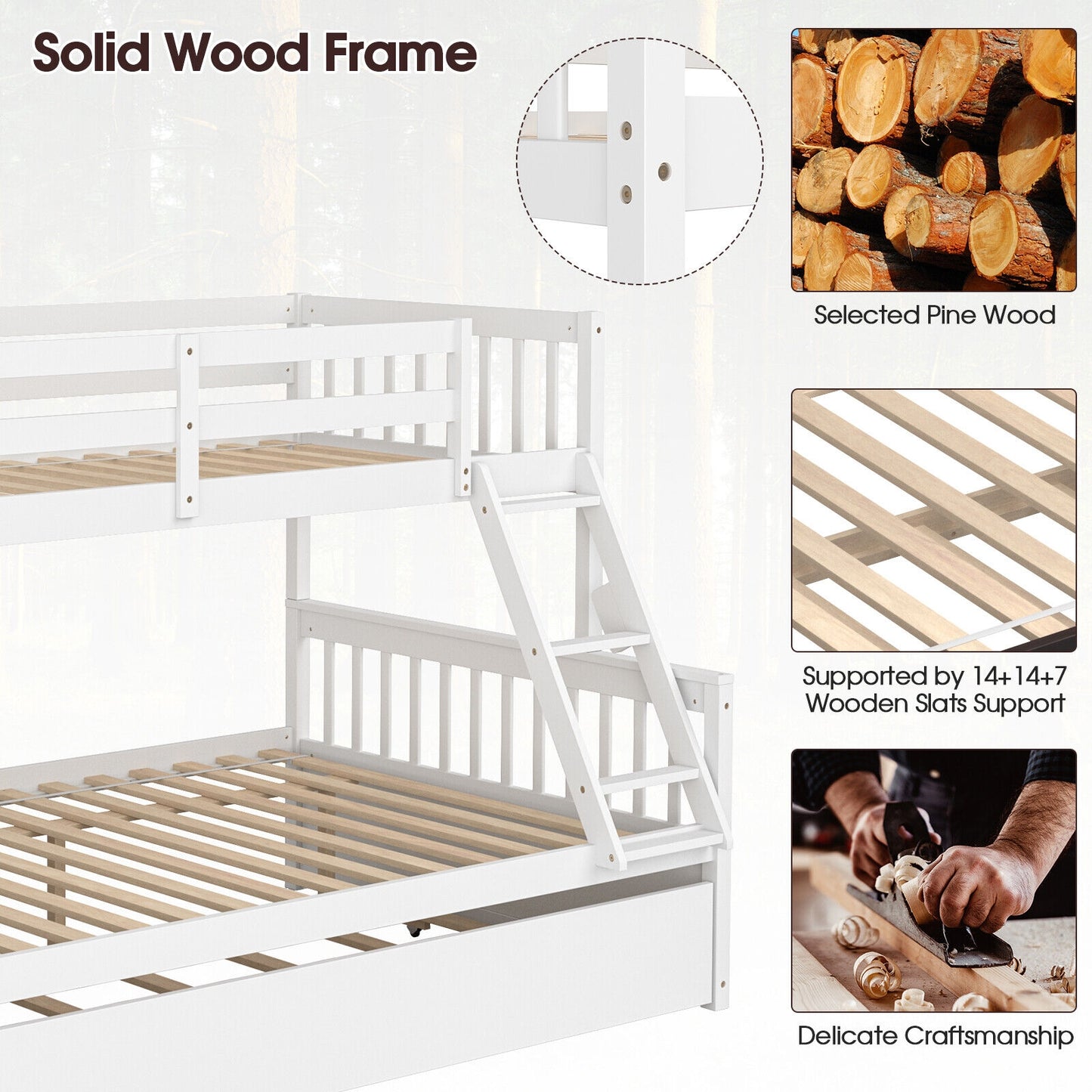 Multi-Functional Twin Over Full Bunk Bed with Pull-Out Trundle for Kids and Guests - White