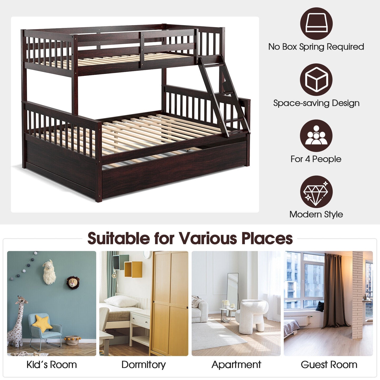 Multi-Functional Twin Over Full Bunk Bed with Pull-Out Trundle for Kids and Guests - Espresso