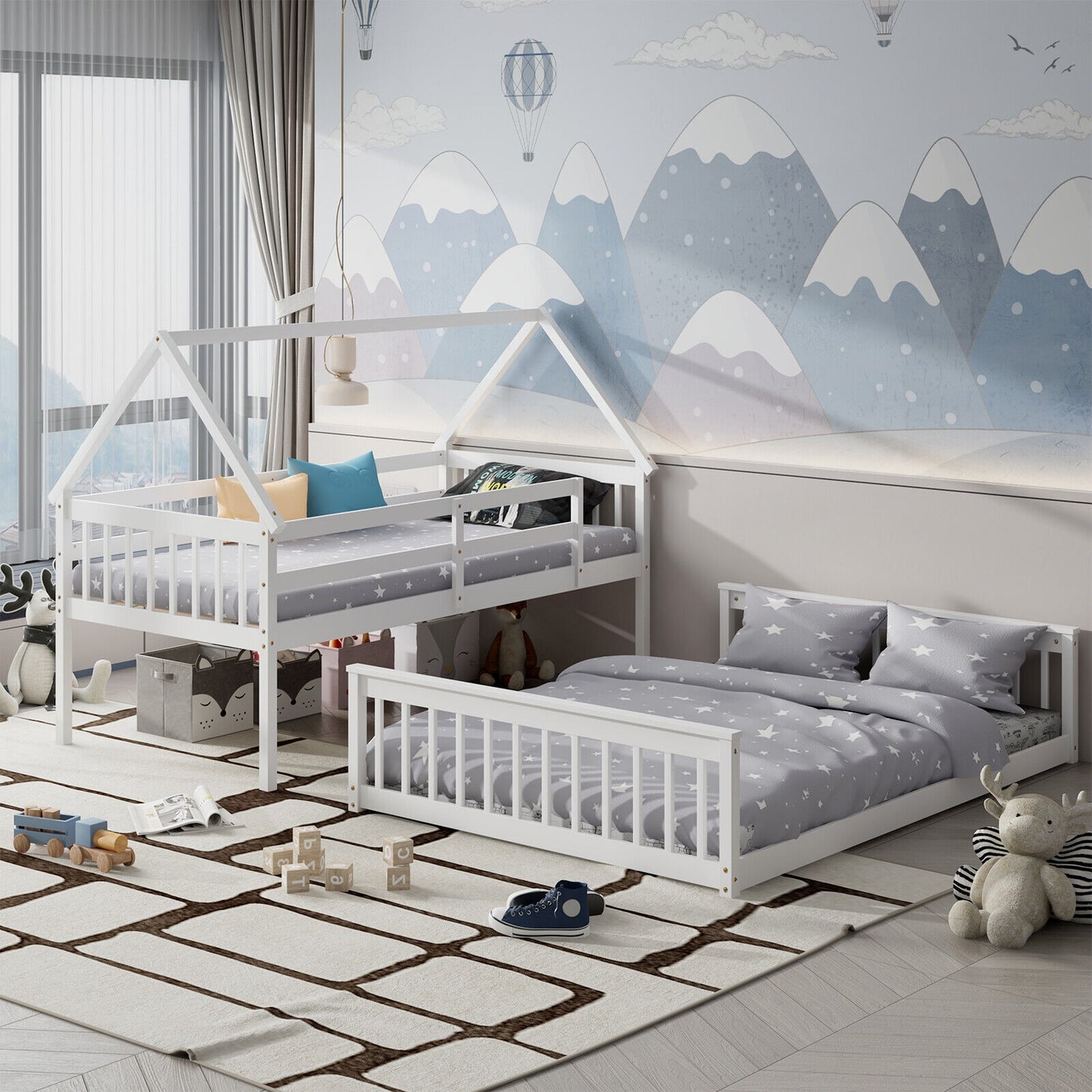 Adorable Twin Over Full House-Shaped Bunk Bed with Ladder and Safety Guardrails - White