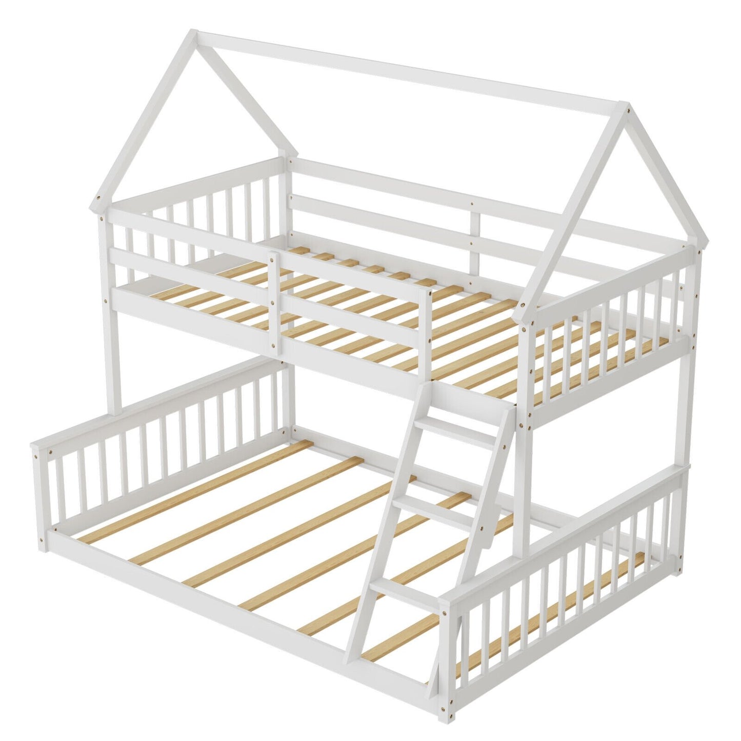 Adorable Twin Over Full House-Shaped Bunk Bed with Ladder and Safety Guardrails - White