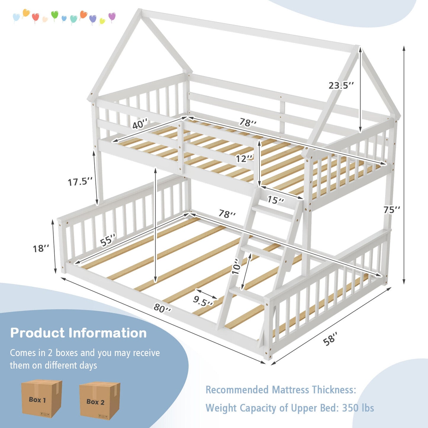 Adorable Twin Over Full House-Shaped Bunk Bed with Ladder and Safety Guardrails - White