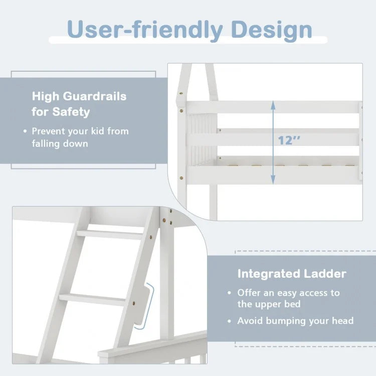 Adorable Twin Over Full House-Shaped Bunk Bed with Ladder and Safety Guardrails - White