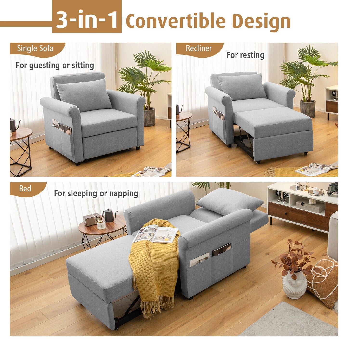 3 in 1 Convertible Sleeper Chair with Adjustable Backrest and Pull Out Bed