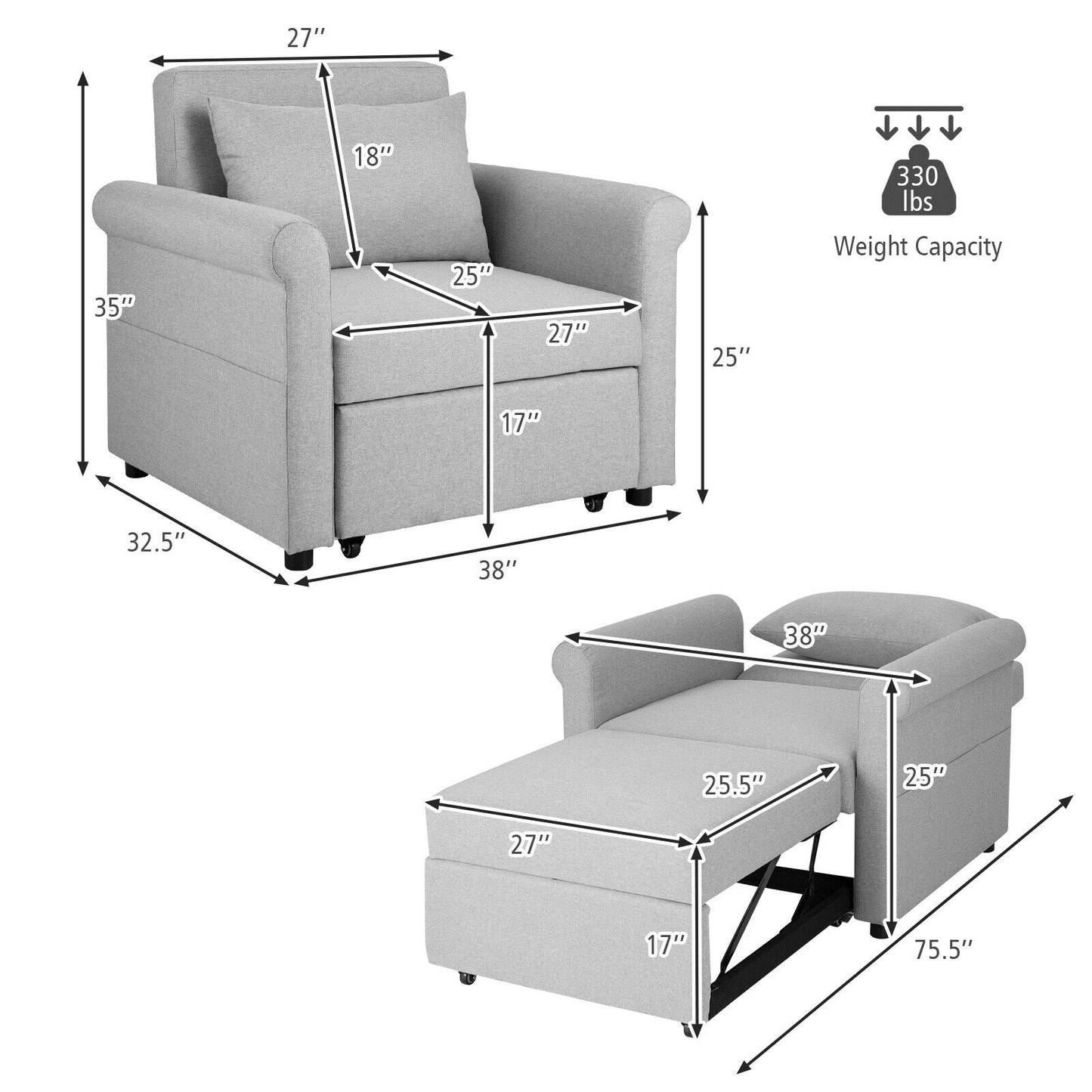 3 in 1 Convertible Sleeper Chair with Adjustable Backrest and Pull Out Bed