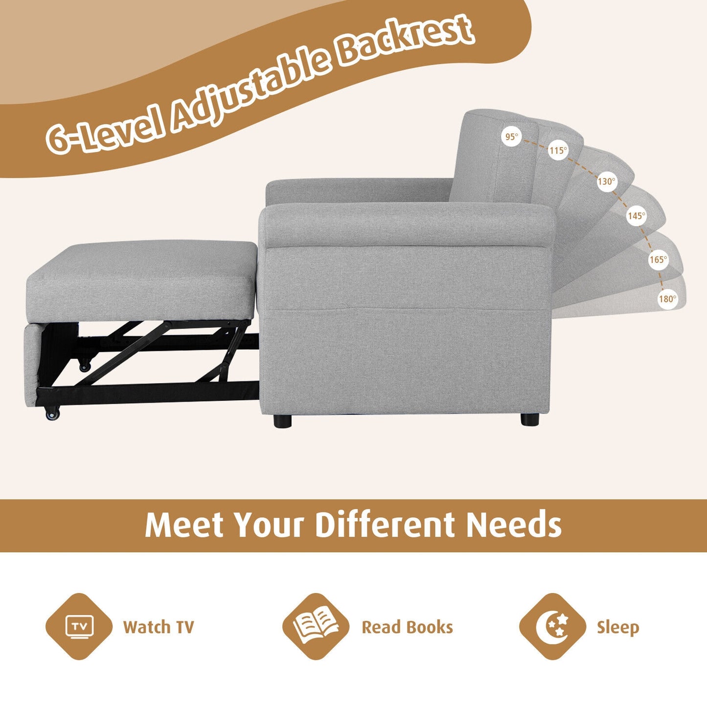 3 in 1 Convertible Sleeper Chair with Adjustable Backrest and Pull Out Bed