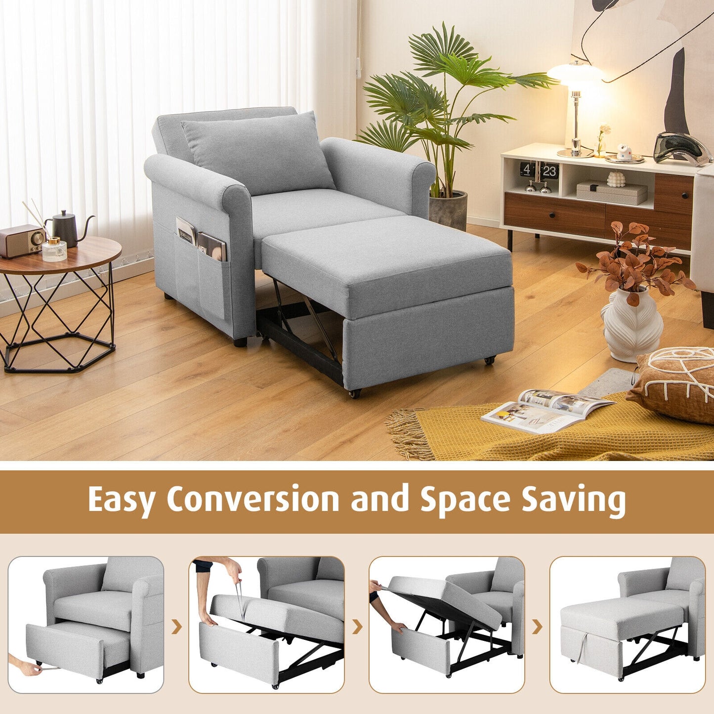 3 in 1 Convertible Sleeper Chair with Adjustable Backrest and Pull Out Bed