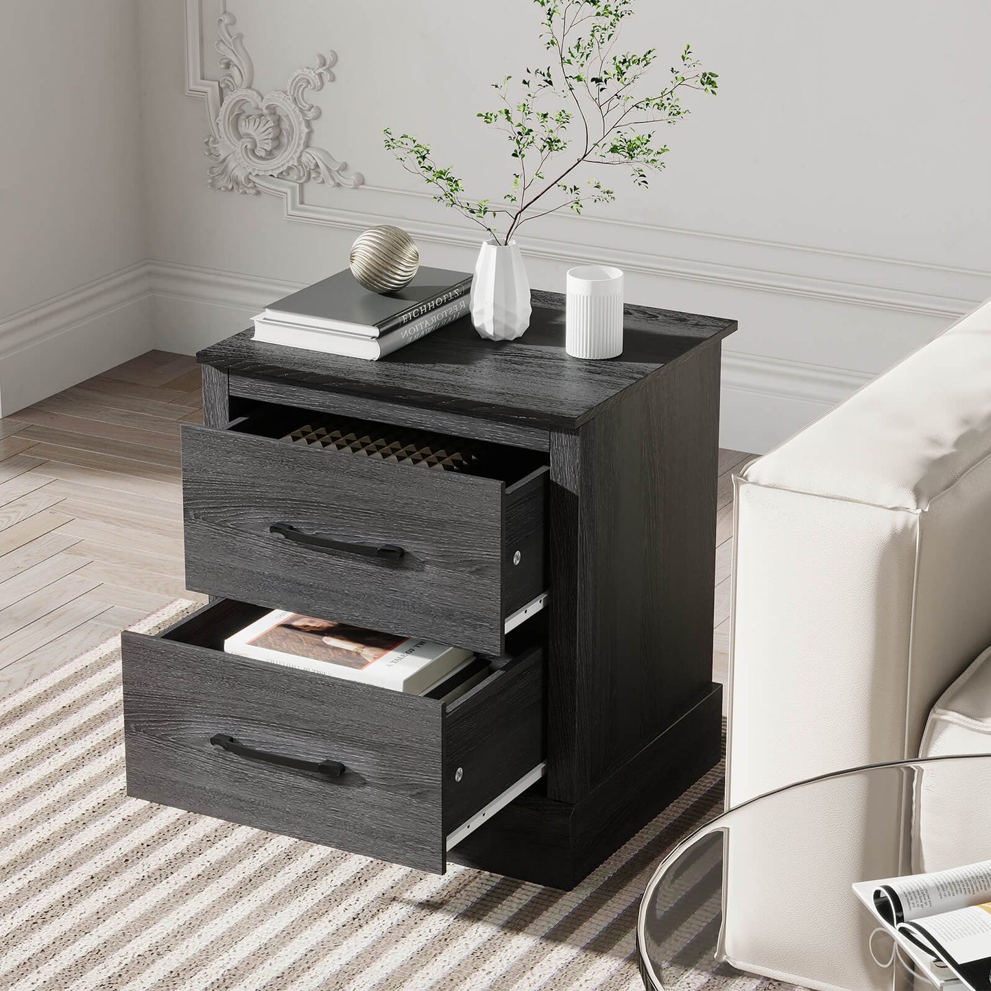 Farmhouse Style Nightstand with 2 Storage Drawers and Square Top - Dark Grey