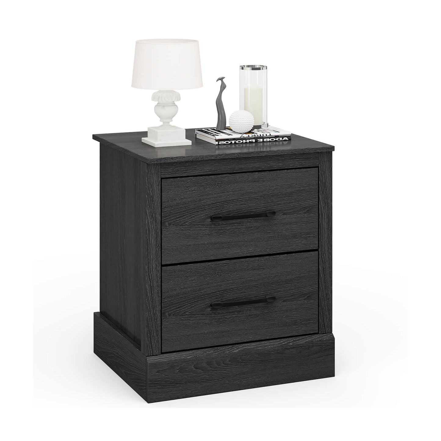 Farmhouse Style Nightstand with 2 Storage Drawers and Square Top - Dark Grey