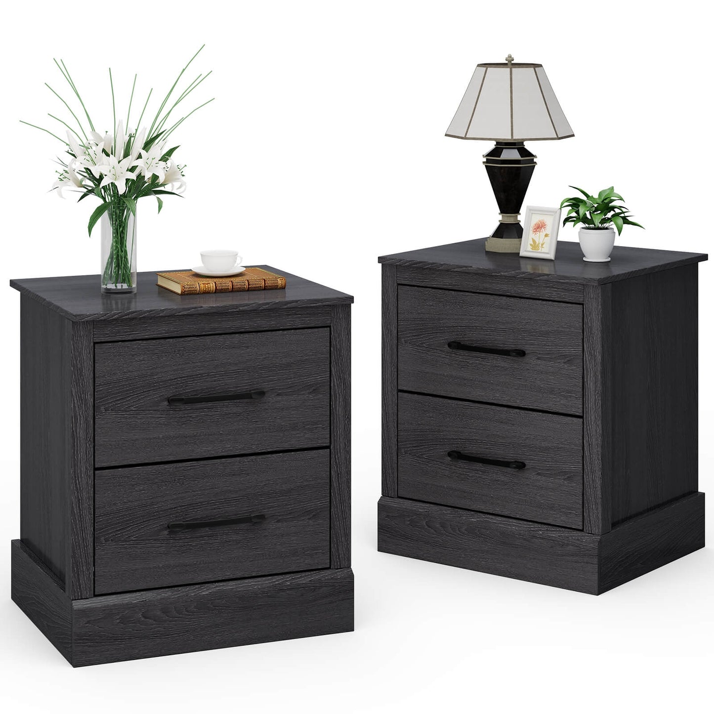 Farmhouse Style Nightstand with 2 Storage Drawers and Square Top - Dark Grey
